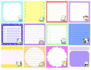 Şablon ve pastel renkli şirin yapış yapış planlayıcılar. Beyaz hayalet ve balkabağı kostümü karakteri