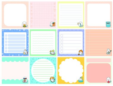 Şablon ve pastel renkli şirin yapış yapış planlayıcılar. Beyaz hayalet ve balkabağı kostümü karakteri