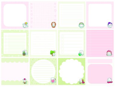 Şablon ve pastel renkli şirin yapış yapış planlayıcılar. Beyaz hayalet ve balkabağı kostümü karakteri