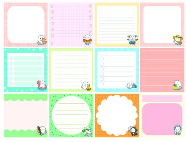 Şablon ve pastel renkli şirin yapış yapış planlayıcılar. Beyaz hayalet ve balkabağı kostümü karakteri