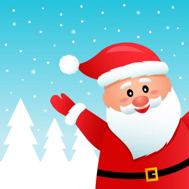 Takım elbiseli ve şapkalı komik Noel Baba, kış ormanının arka planına karşı. Yeni yılınız kutlu olsun. Konsept Xmas. vektör illüstrasyonu