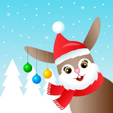 Noel Baba şapkalı şirin bir tavşan ve kış ormanının arka planında Noel topları olan bir eşarp. Yeni yıl konsepti ve Xmas. vektör illüstrasyonu