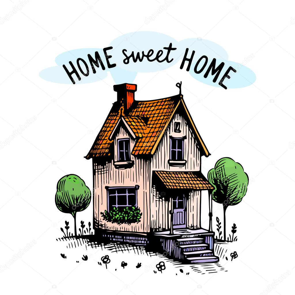Cute two-story house with trees and the inscription Home sweet home. vector illustration