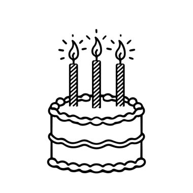 Beyaz arka planda mumları olan pasta ikonu. Siyah siluet izole edilmiş pasta. Beyaz arkaplanda vektör illüstrasyonu