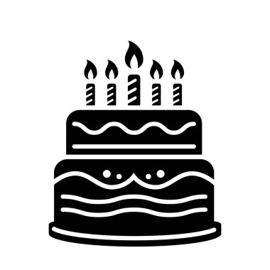 Beyaz arka planda mumları olan pasta ikonu. Siyah siluet izole edilmiş pasta. Beyaz arkaplanda vektör illüstrasyonu