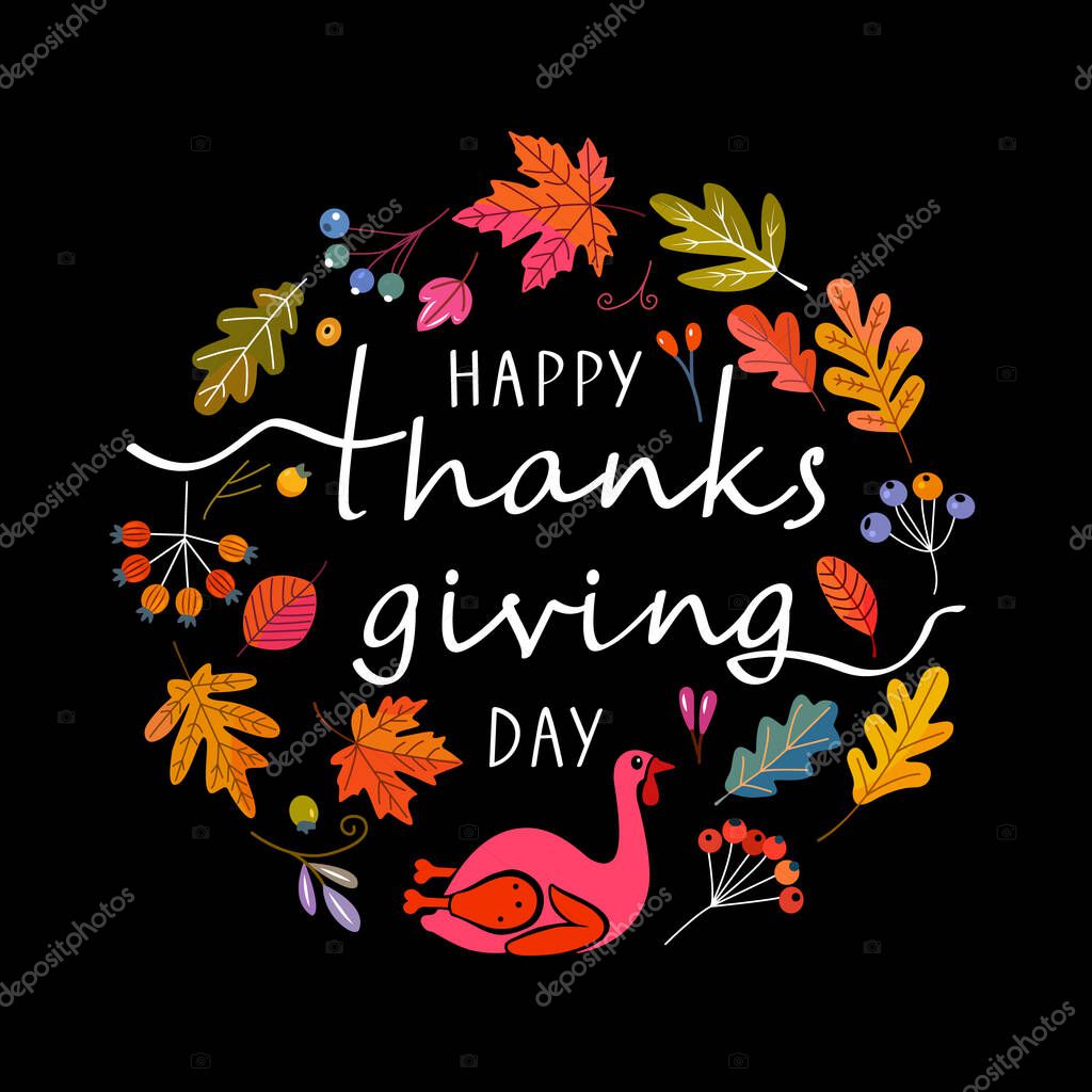 Congratulatory autumn banner Happy Thanksgiving Day. lettering and autumn leaves. flat vector illustration
