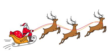 Ren geyiğinde Noel Baba ve gökyüzünde kızak gezintisi. Noel ve Yeni Yıl için düz vektör illüstrasyonu.