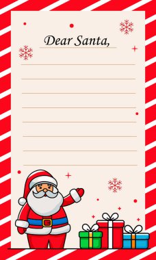 Noel Baba mektup şablonu, hediye kutuları ve Noel Baba. düz vektör illüstrasyonu