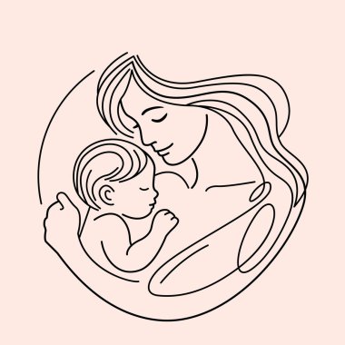 Anne ve bebek. Doğrusal biçimde izole edilmiş güzel vektör illüstrasyonu