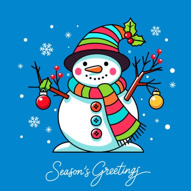 greeting card snowman with carrot in hat and scarf and christmas balls in linear style.vector illustration isolated clipart