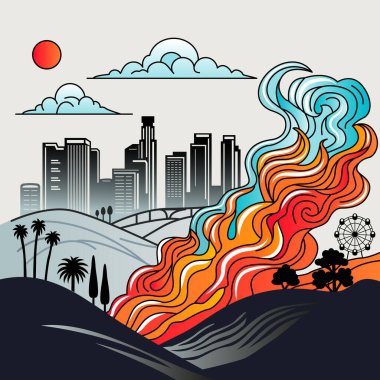 Los Angeles, Kaliforniya 'da orman yangını. Yanan şehir, palmiye ağaçları, eğlence parkı.
