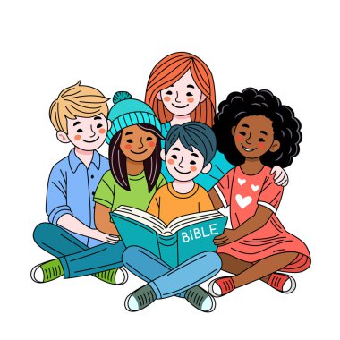 Pazar okulunda İncil okuyan farklı ırklardan sevimli bir grup çocuk. Dini eğitim kavramı. resimleme
