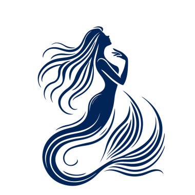 Black silhouette of a beautiful mermaid with long hair and tail. Vector illustration