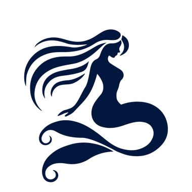 Black silhouette of a beautiful mermaid with long hair and tail. Vector illustration