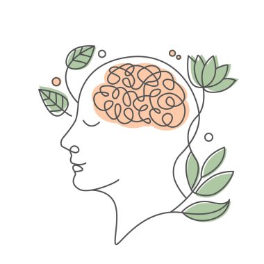 Akıl sağlığı, uyum ve meditasyonu tasvir eden insan kafası. Çizgi illüstrasyonu