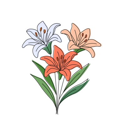 Sürekli çizim tarzında çiçek açan zambak çiçekleri. Zambak buketi logosu Minimalist siyah çizgi tasarımı.