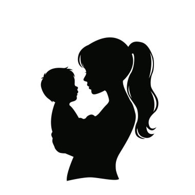 Bebeğini kucağında tutan bir annenin silüeti. vektör illüstrasyonu