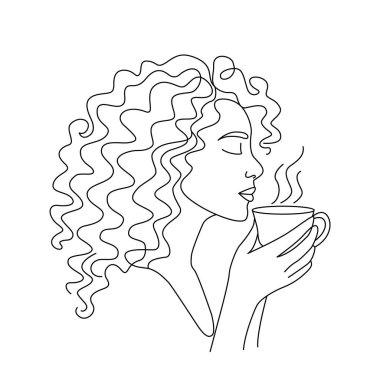Kıvırcık saçlı, aromatik kahve içen güzel bir kızın doğrusal silueti. Vektör illüstrasyonu