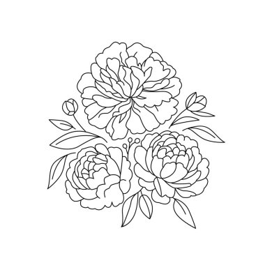 Çiçek açan şakayıklar bitmeyen bir çizgi çizme tarzında çiçek açarlar. Logo Peony çiçeği minimalist siyah çizgi tasarımı.