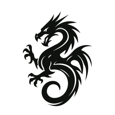 Siyah ejderhanın silueti bir logo ya da dövme kalıbı olarak kullanılıyor. düz vektör illüstrasyonu