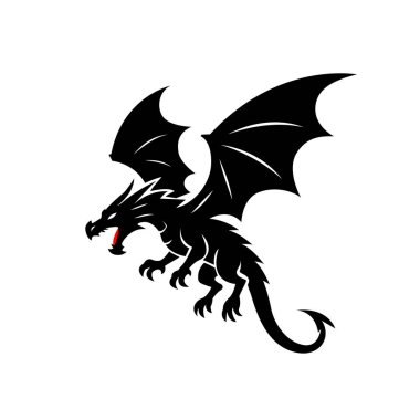 Siyah ejderhanın silueti bir logo ya da dövme kalıbı olarak kullanılıyor. düz vektör illüstrasyonu