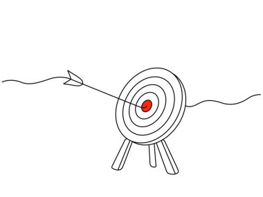 Hedefi ok ile sürekli çizen çizgi hedefi vurdu. Başarı ve iş kavramı. düz vektör