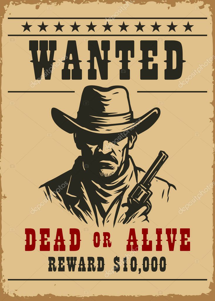 Wanted criminal and murderer in vintage monochrome style. reward for capture alive or dead.