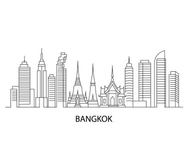 Minimalist siyah ve sürekli şehir silueti Bangkok, Tayland ikonik simgeleriyle