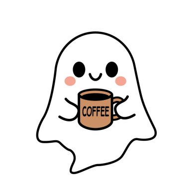 Cute smiling ghost drinking coffee from a cup. Halloween concept. Flat vector illustration
