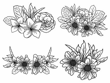 Dış Hatlar Tarzı ile Çiçek Hattı Sanat Arkaplanı. Çiçek Dekorasyonu, Çiçek Çerçevesi, Çiçek Köşesi Kenarı Kenarı ve Çiçek Buketi Çizimi için El Çizimi Vektörü