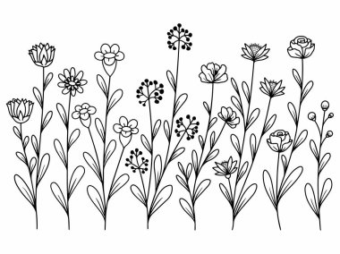 Dış Hatlar Tarzı ile Çiçek Hattı Sanat Arkaplanı. Çiçek Dekorasyonu, Çiçek Çerçevesi, Çiçek Köşesi Kenarı Kenarı ve Çiçek Buketi Çizimi için El Çizimi Vektörü