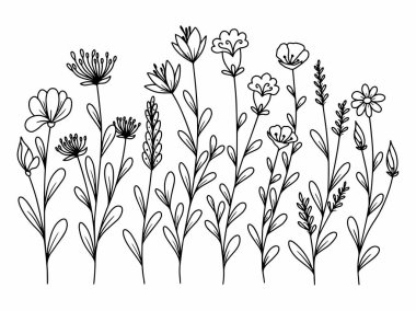 Dış Hatlar Tarzı ile Çiçek Hattı Sanat Arkaplanı. Çiçek Dekorasyonu, Çiçek Çerçevesi, Çiçek Köşesi Kenarı Kenarı ve Çiçek Buketi Çizimi için El Çizimi Vektörü