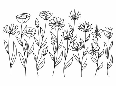 Dış Hatlar Tarzı ile Çiçek Hattı Sanat Arkaplanı. Çiçek Dekorasyonu, Çiçek Çerçevesi, Çiçek Köşesi Kenarı Kenarı ve Çiçek Buketi Çizimi için El Çizimi Vektörü