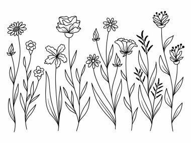 Dış Hatlar Tarzı ile Çiçek Hattı Sanat Arkaplanı. Çiçek Dekorasyonu, Çiçek Çerçevesi, Çiçek Köşesi Kenarı Kenarı ve Çiçek Buketi Çizimi için El Çizimi Vektörü