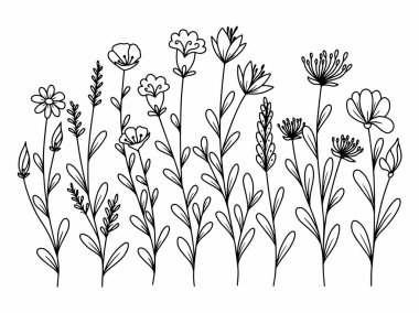 Dış Hatlar Tarzı ile Çiçek Hattı Sanat Arkaplanı. Çiçek Dekorasyonu, Çiçek Çerçevesi, Çiçek Köşesi Kenarı Kenarı ve Çiçek Buketi Çizimi için El Çizimi Vektörü