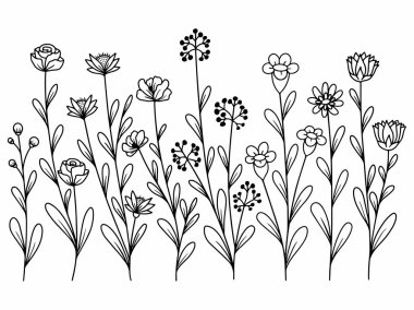 Dış Hatlar Tarzı ile Çiçek Hattı Sanat Arkaplanı. Çiçek Dekorasyonu, Çiçek Çerçevesi, Çiçek Köşesi Kenarı Kenarı ve Çiçek Buketi Çizimi için El Çizimi Vektörü