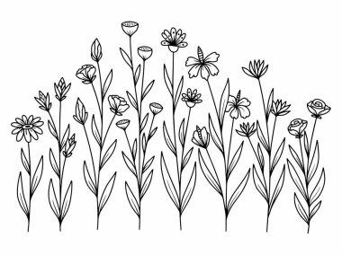 Dış Hatlar Tarzı ile Çiçek Hattı Sanat Arkaplanı. Çiçek Dekorasyonu, Çiçek Çerçevesi, Çiçek Köşesi Kenarı Kenarı ve Çiçek Buketi Çizimi için El Çizimi Vektörü