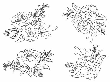 Dış Hatlar Tarzı ile Çiçek Hattı Sanat Arkaplanı. Çiçek Dekorasyonu, Çiçek Çerçevesi, Çiçek Köşesi Kenarı Kenarı ve Çiçek Buketi Çizimi için El Çizimi Vektörü