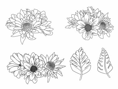 Dış Hatlar Tarzı ile Çiçek Hattı Sanat Arkaplanı. Çiçek Dekorasyonu, Çiçek Çerçevesi, Çiçek Köşesi Kenarı Kenarı ve Çiçek Buketi Çizimi için El Çizimi Vektörü