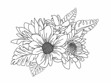 Dış Hatlar Tarzı ile Çiçek Hattı Sanat Arkaplanı. Çiçek Dekorasyonu, Çiçek Çerçevesi, Çiçek Köşesi Kenarı Kenarı ve Çiçek Buketi Çizimi için El Çizimi Vektörü