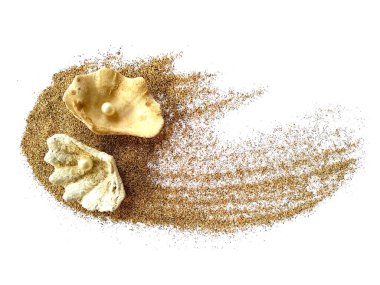 Deniz kabukları ve kumsal. Kum yığınındaki deniz kabukları beyaz arka planda izole edilmiş. Beyaz bir zemin üzerinde egzotik deniz kabukları bileşimi