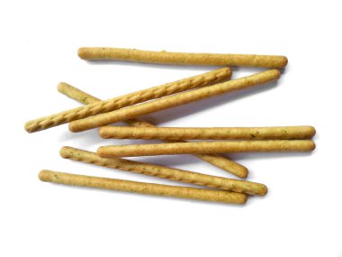 Beyaz arka planda ekmek çubukları. Ekmek çubukları beyaz arkaplanda üst görünüm. Atıştırmalık