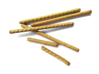 Beyaz arka planda ekmek çubukları. Ekmek çubukları beyaz arkaplanda üst görünüm. Atıştırmalık