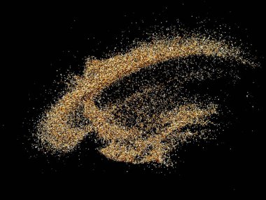 Kara arka planda izole edilmiş kumsal yığını. Kum tepecikleri siyah arka planda izole. Soyut kum bulutu ve altın kum patlaması siyah arkaplanda izole edildi