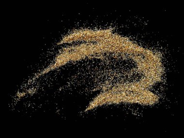 Kara arka planda izole edilmiş kumsal yığını. Kum tepecikleri siyah arka planda izole. Soyut kum bulutu ve altın kum patlaması siyah arkaplanda izole edildi