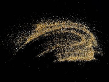 Kara arka planda izole edilmiş kumsal yığını. Kum tepecikleri siyah arka planda izole. Soyut kum bulutu ve altın kum patlaması siyah arkaplanda izole edildi