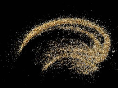 Kara arka planda izole edilmiş kumsal yığını. Kum tepecikleri siyah arka planda izole. Soyut kum bulutu ve altın kum patlaması siyah arkaplanda izole edildi