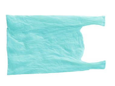 Beyaz arka planda mavi plastik torba var. Çöp tenekeleri ya da alışveriş torbaları için mavi plastik