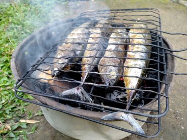 Izgarada yakın planda ızgara balık. Ikan Panggang / Bakar veya ızgara balık. Ikan panggang Endonezya yemeği. Basit ve lezzetli. Endonezya Sokak Yemekleri.