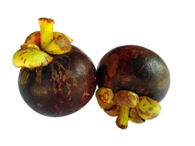 Beyaz arka planda izole tropik mangosteen. Beyaz arka planda Garcinia mangostana. Lezzetli ve taze mangosteen meyvesi.